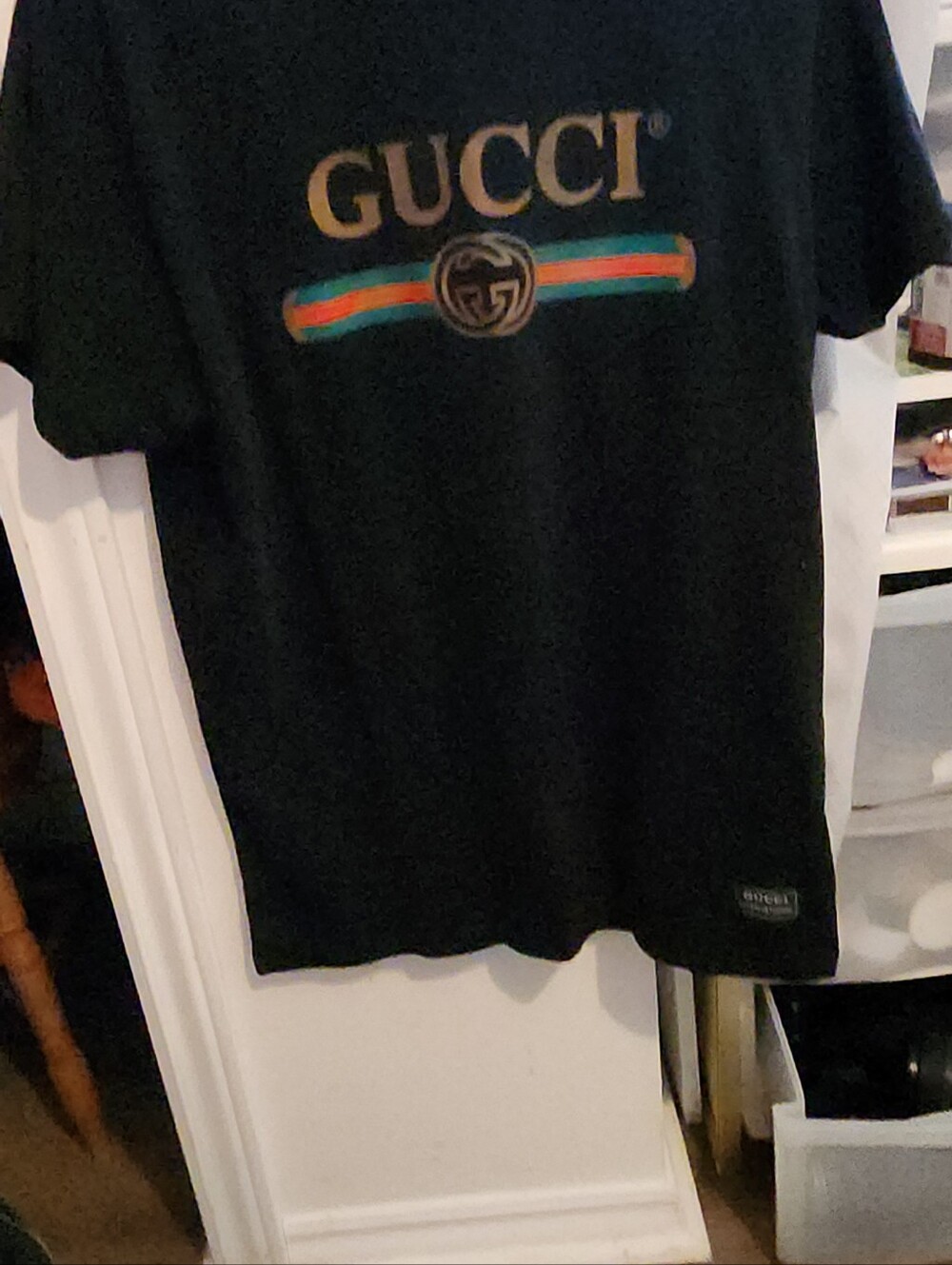 Gucci Black Tee with Gold Logo and Green-Red Stripe